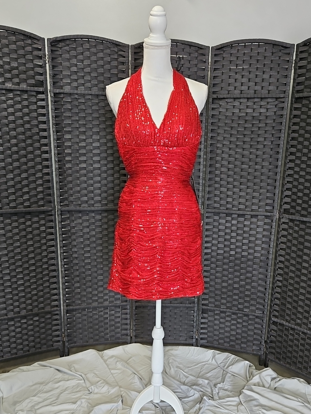 La Femme Red Sequin Halter Ruched Mini Dress